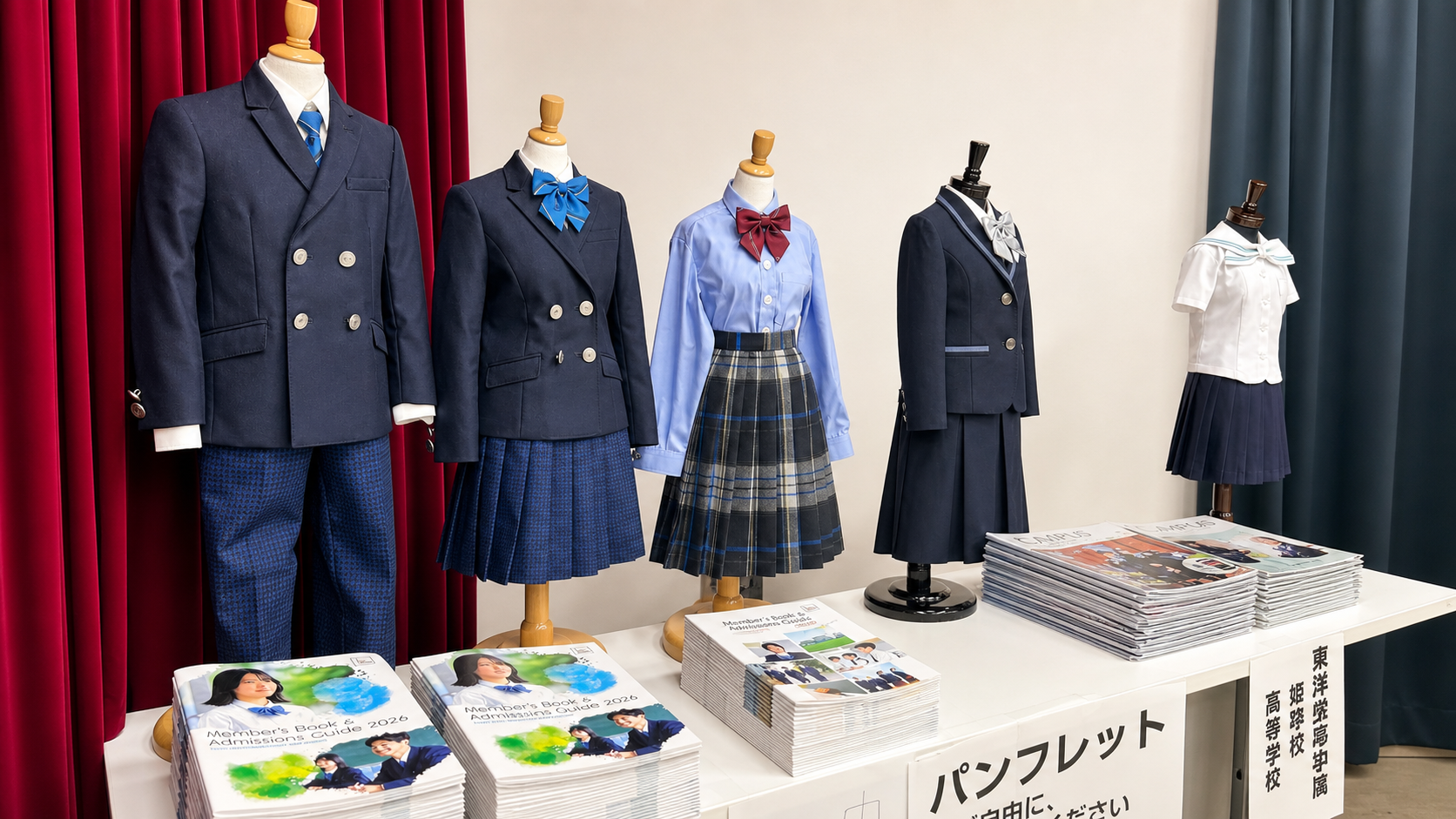 私学説明会の会場に展示された各校の制服と学校案内パンフレット